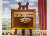 une photo d'un tableau représentant des pommes posé sur un chevalet