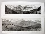 two black and white photographs of people walking up a mountain side