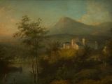 painting of a landscape with a castle in the distance and a river in the foreground