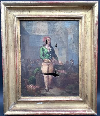 tableau représentant un homme vêtu d'une veste verte, avec un chat noir devant lui