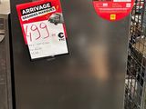 a silver refrigerator in a store with a lot of items on the shelves