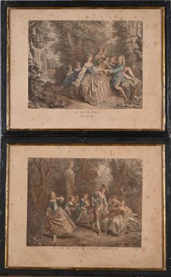 two framed prints of a couple of people in a wooded setting