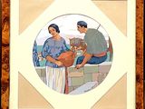 a picture of a painting of a man and a woman with a cat