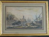 une image représentant un tableau montrant des bateaux dans un port, avec un château en arrière-plan