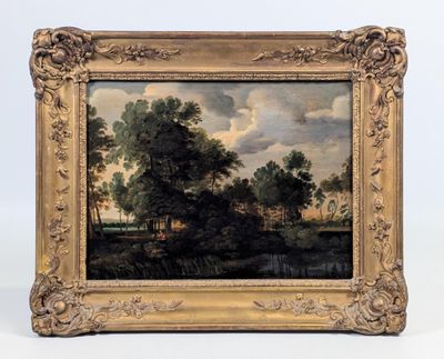 une peinture à l'huile représentant un paysage avec des arbres et une rivière