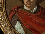 portrait of a young man in a red shawl in a gold frame