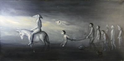 un tableau représentant un homme à cheval avec une femme à ses côtés