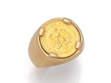 a gold ring with a coin in the middle of it