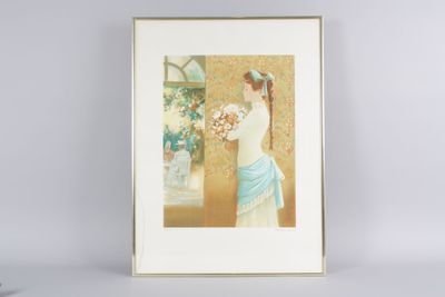 Bernard PELTRIAUX (1921-199) : élégante au bouquet de fleurs…