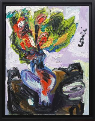 painting of a vase of flowers on a table with music notes in the background
