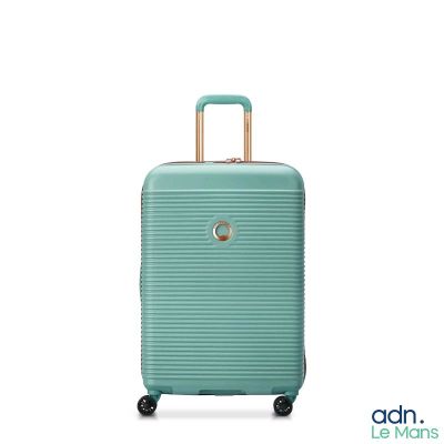 the suitcase is green and has wheels and a handle