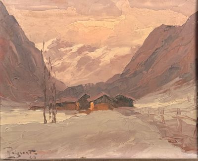 une peinture à l'huile représentant un paysage de montagne avec une cabane au premier plan