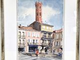 framed watercolor painting of a street scene with a clock tower