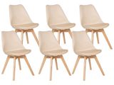 six chairs with wooden legs in a row on a white background