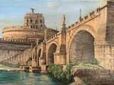 a painting of a bridge over a river with a castle in the background