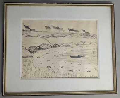 drawing of a boat in a body of water next to a wall