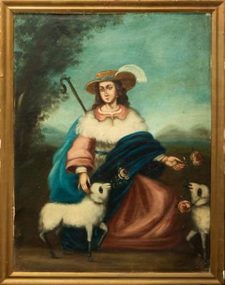 painting of a woman with a dog and sheep in a landscape