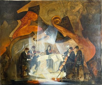 un tableau représentant un groupe de personnes debout dans une grotte