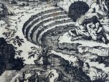a black and white drawing of a man and a woman in the woods