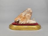 une photo représentant une sculpture en forme de coquillage posée sur un coussin rouge