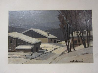a picture of a painting of a snow covered village
