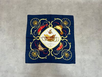 blue silk scarf with a picture of a horse and carriage on it
