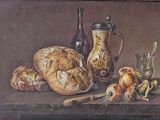 tableau représentant une nature morte composée de pain, d'oignons et d'un pichet