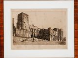 an old drawing of a castle with a fountain in front of it