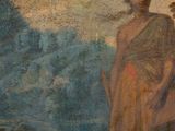 an old painting of a woman standing on a hill next to a dog