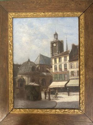 peinture d'une scène de rue avec une tour d'horloge en arrière-plan