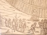 a drawing of a group of men standing in front of a fire