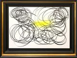 an image of a painting with black and yellow circles on a white background