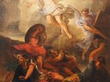 an image of a painting of jesus on the cross above a group of people