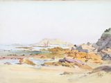 an image of a painting of a rocky beach with a lighthouse in the distance