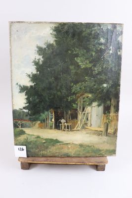 an oil painting of a farm scene on a wooden easel