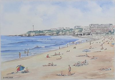 une peinture représentant une scène de plage avec des gens sur le sable