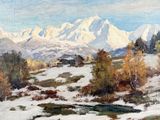 an image of a painting of a snowy landscape with mountains in the background