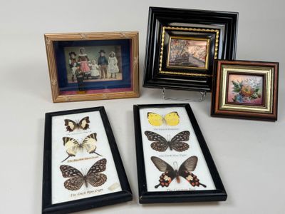 trois photos encadrées de papillons et une photo d'une femme
