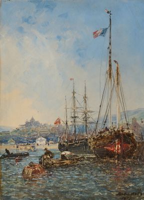 une peinture représentant un bateau dans l'eau avec d'autres bateaux dans l'eau