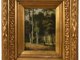 a painting of a wooded landscape with trees and a path