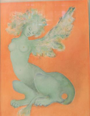 painting of a woman with wings on an orange background in a frame