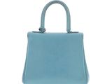 a blue leather handbag on a white background