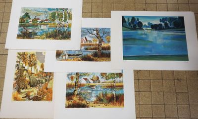 several paintings of different animals are displayed on a tile floor