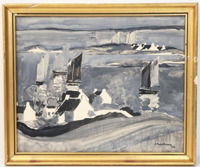 une image représentant un tableau montrant des bateaux sur l'eau près d'une plage