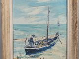 une peinture à l'huile représentant un bateau sur une plage, avec des personnes sur le rivage