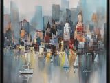 a painting of a cityscape with sailboats floating in the water