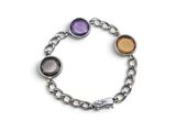 a close up of a bracelet with different colored stones on a white background