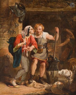 un tableau représentant un homme et une femme dans une grange avec des moutons