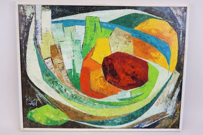 peinture représentant une corbeille de fruits posée sur une table, sur fond blanc