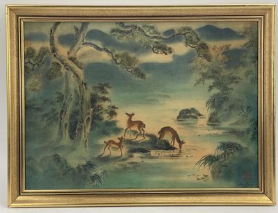 an image of a painting of a deer and two fawns by a river